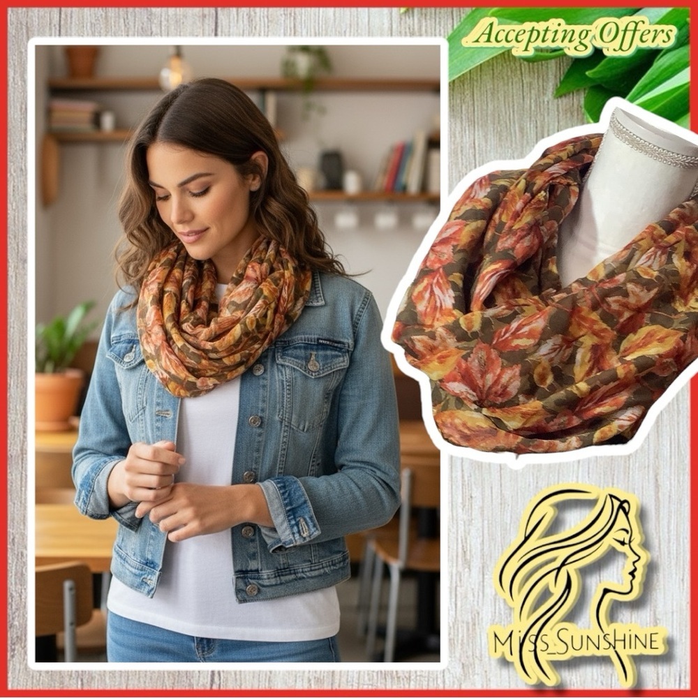 Lightweight leaves pattern - semi transparent - fall autumn - Infinity scarf